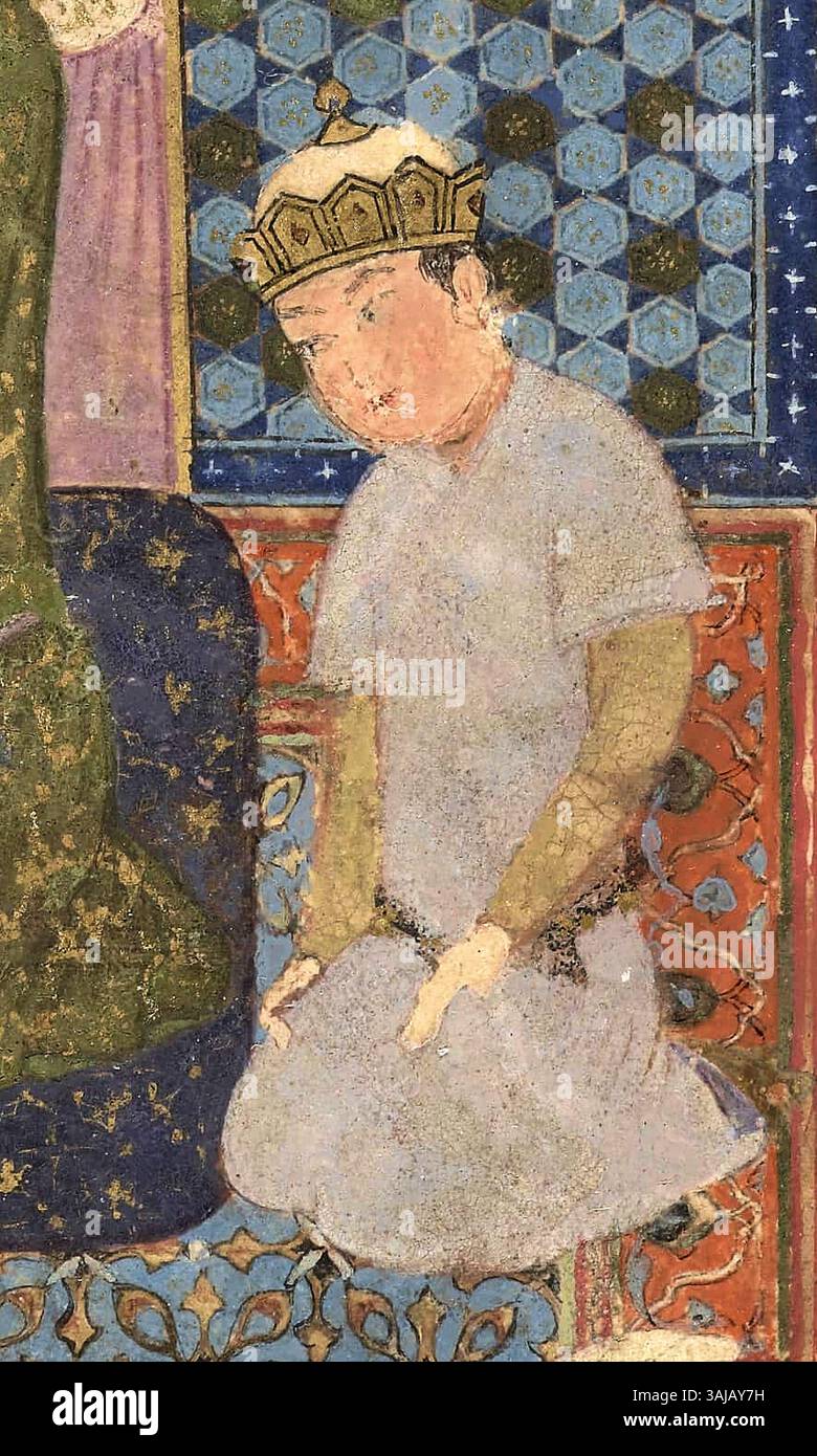 Questa rappresentazione mostra il principe Badi al-Zaman che assiste all'incoronazione di suo padre, il sultano Husayn Bayqara, nel 1469. L'opera d'arte riflette i rituali dinastici della corte timuride di Herat durante il XV secolo. Foto Stock
