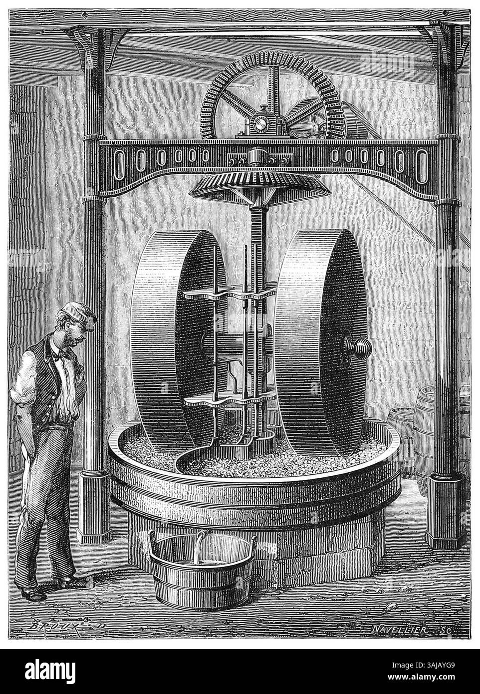 Questa incisione del 1877 di Louis Figuier illustra un mulino utilizzato per la frantumazione dei semi oleosi. L'immagine evidenzia i macchinari impiegati nella lavorazione dei semi oleosi per l'estrazione dell'olio, tipici delle operazioni industriali del XIX secolo. Foto Stock