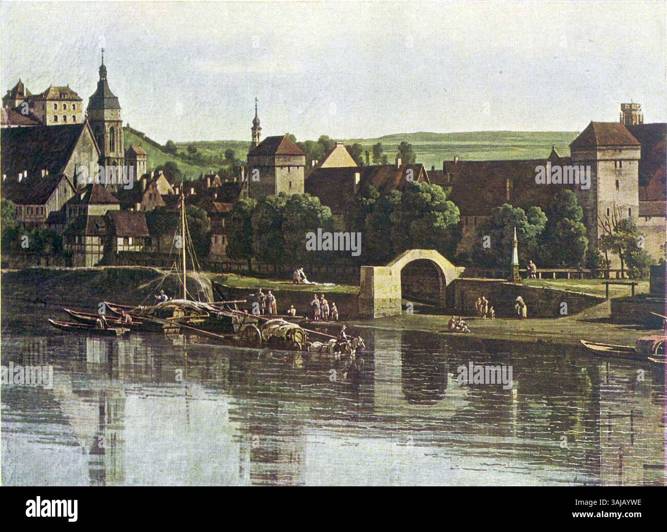 Questa immagine del 1930 del Pirnaer Distanzsäule (pilastro di distanza) dalla riva destra del fiume Elba è un dettaglio del dipinto di Canaletto. L'opera commemora il 200° anniversario dei pilastri del miglio postale sassone. Foto Stock