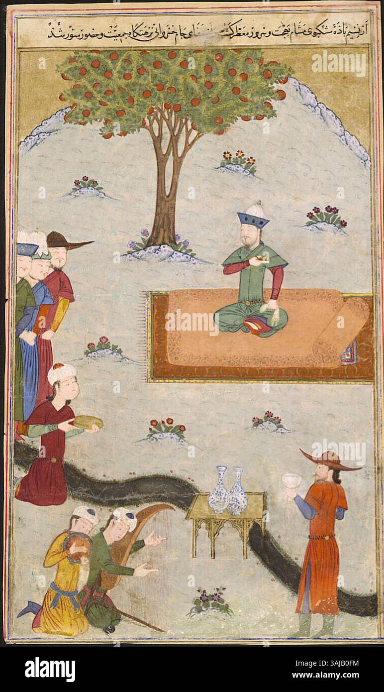 Questa immagine tratta dallo "Zafarnama" raffigura la celebrazione di Tamerlano della sua conquista di Delhi nel 1398. L'illustrazione cattura il significato militare e culturale delle vittorie di Tamerlano e del suo dominio nella regione. Foto Stock