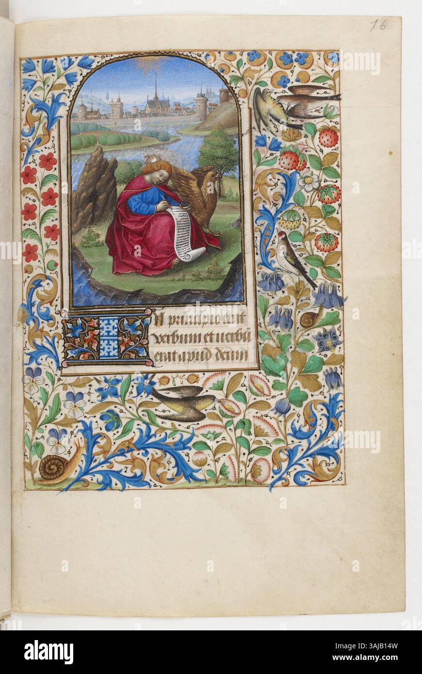Questa illuminazione del "Livre d'heures dites d'Anne de Beaujeu" (Libro delle ore di Anna di Beaujeu) raffigura San Giovanni su Patmos, databile intorno al 1460-1470. È un bell'esempio di illuminazione gotica dei manoscritti. Foto Stock