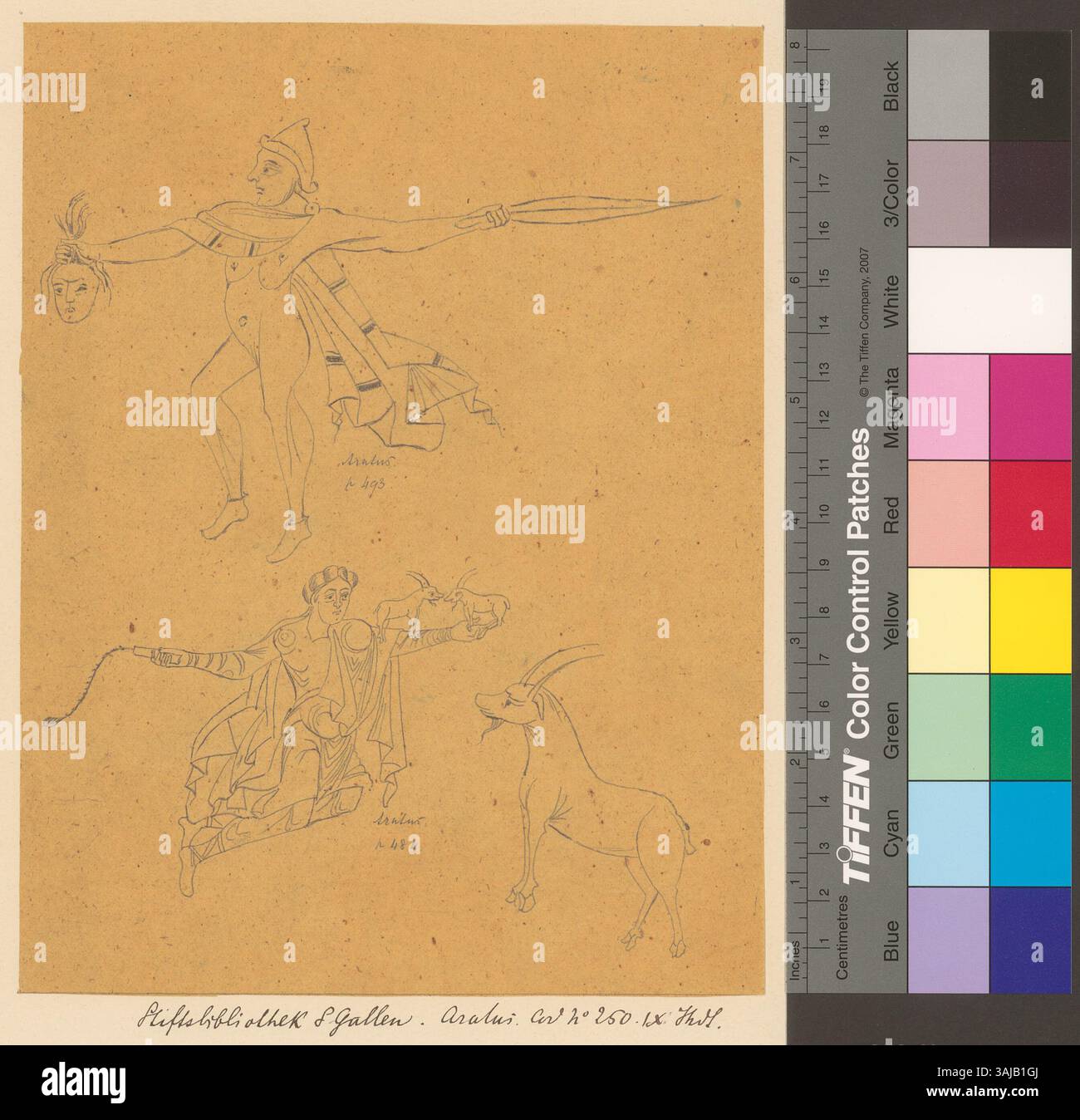 Questa stampa copia sezioni dell'"Astronomisch-komputistische Enzyklopädie" dalla Biblioteca dell'Abbazia di San Gallo, fornendo informazioni sull'astronomia medievale e sui calcoli. Foto Stock