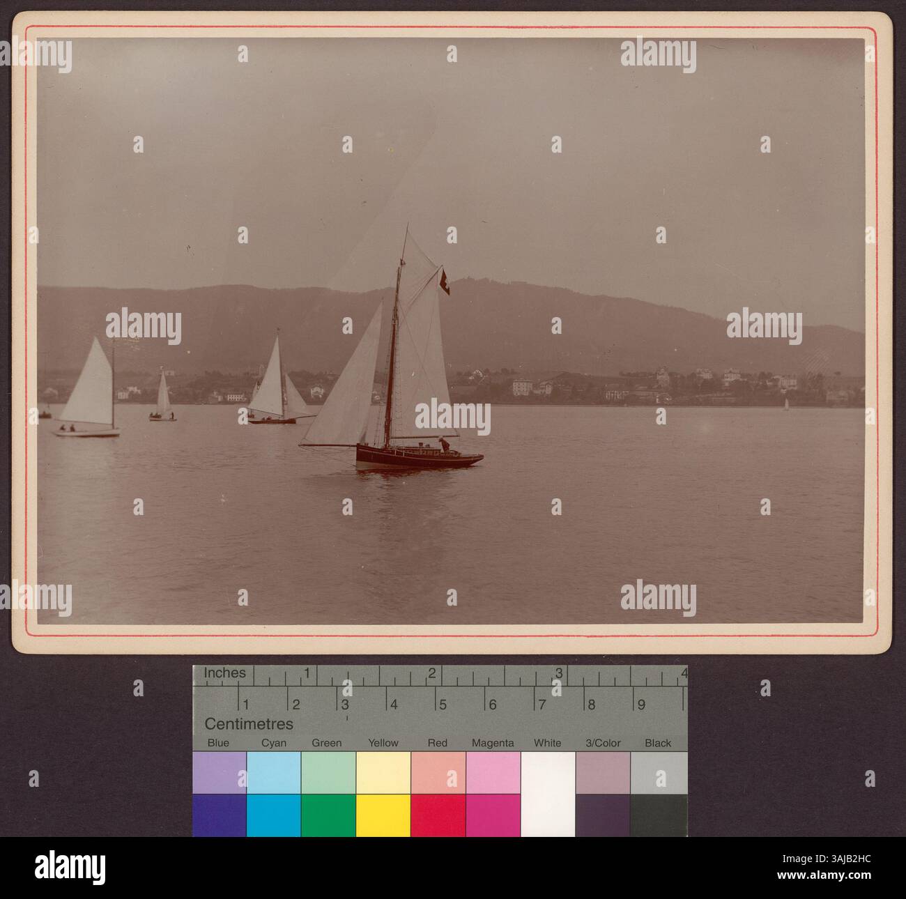 Un'immagine del 1892 di Robert Breitinger che mostra una regata a vela sul lago di Zurigo, con una grande e quattro piccole barche a vela in azione. La foto cattura il movimento e l'emozione della gara. Foto Stock