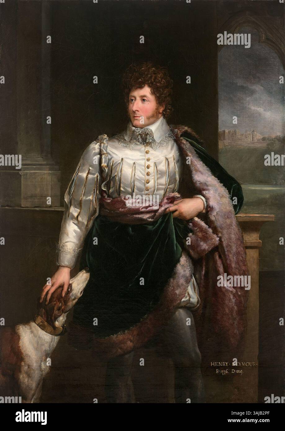 Ritratto di Henry Seymour, vestito all'inizio del XVII secolo con un doppietto bianco, maniche tagliate, cappotto foderato in pelliccia blu e breeches. La sua mano destra poggia sulla testa di un levriero, mentre un antico castello feudale può essere visto attraverso una finestra ogivale sullo sfondo. Dipinto da Francesco Gérard, 1815. Foto Stock