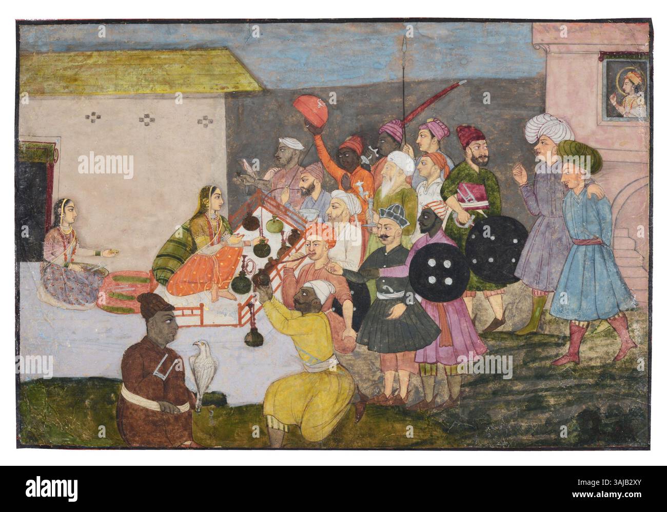Un dipinto raffigurante soldati in una stalla di narghilè in mezzo al commozione in un bazar, creato tra il 1775 e il 1800 circa. Le opere d'arte catturano la vivace vita quotidiana di un mercato indiano. Foto Stock Un dipinto raffigurante soldati in una stalla di narghilè in mezzo al commozione in un bazar, creato tra il 1775 e il 1800 circa. Le opere d'arte catturano la vivace vita quotidiana di un mercato indiano. Foto Stock