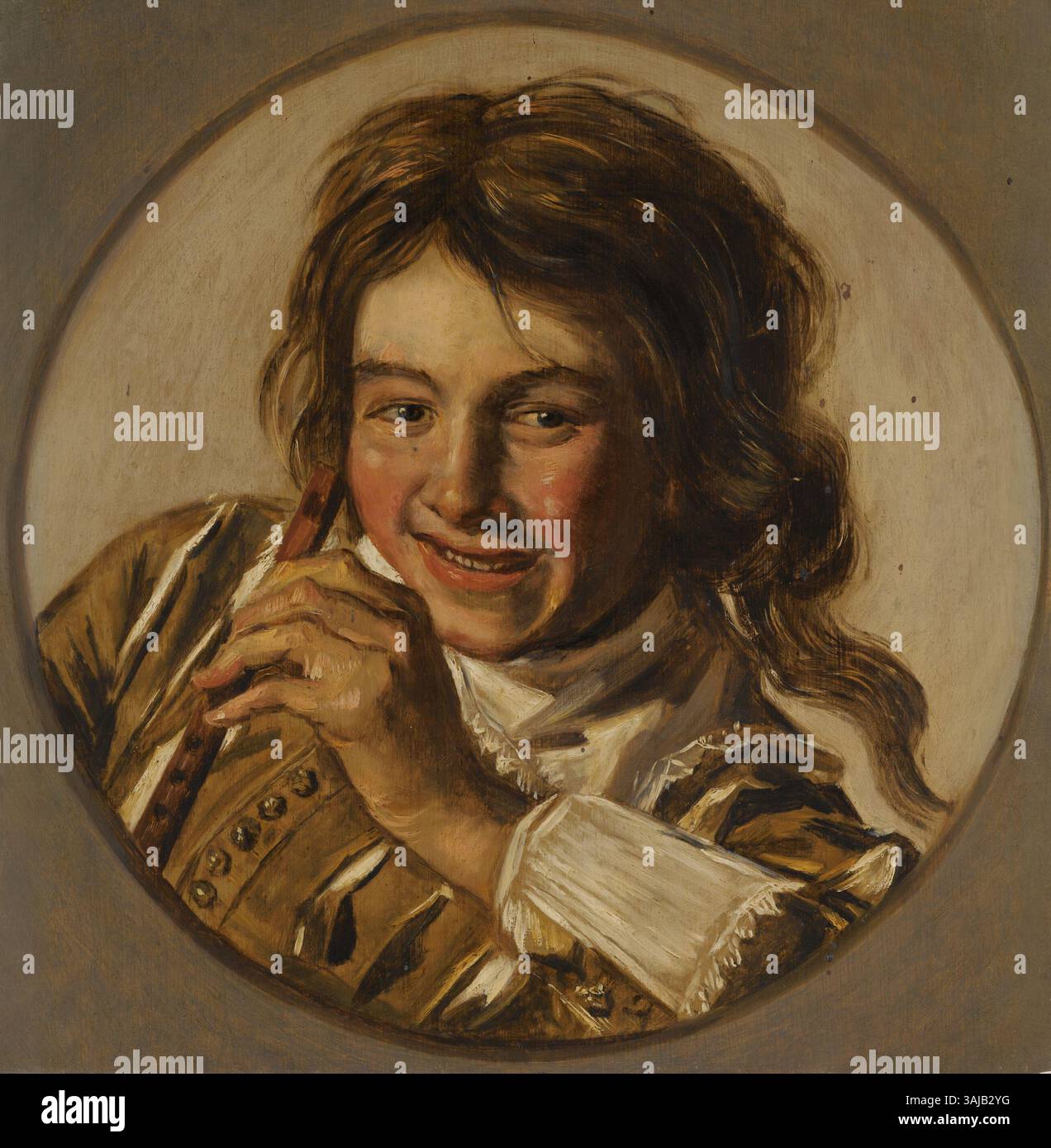 Questo dipinto a olio su tavola, creato dopo Frans Hals intorno al 1627, raffigura un ragazzo ridendo con un flauto. L'opera cattura lo spirito gioioso e la scena di genere tipici dei ritratti di Hals. Foto Stock