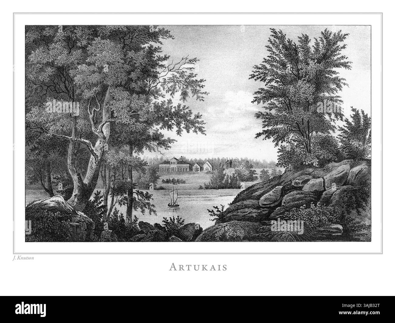 Questa litografia, creata da Johan Knutson tra il 1845 e il 1852, raffigura il paesaggio finlandese di Artukais. È stato pubblicato in "Finland Framställdt i Teckningar", edito da Zacharias Topelius, offrendo uno sguardo sulla natura finlandese del XIX secolo. Foto Stock Questa litografia, creata da Johan Knutson tra il 1845 e il 1852, raffigura il paesaggio finlandese di Artukais. È stato pubblicato in "Finland Framställdt i Teckningar", edito da Zacharias Topelius, offrendo uno sguardo sulla natura finlandese del XIX secolo. Foto Stock