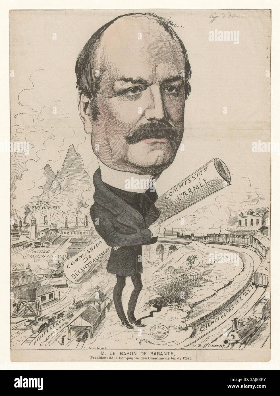 Questa stampa della collezione Boyer ritrae M. le Baron de Barante, il presidente della compagnie des Chemins de fer de l'Est. L'incisione cattura il suo profilo con cura nei dettagli, riflettendo il suo significato nella storia dei trasporti francesi. Foto Stock