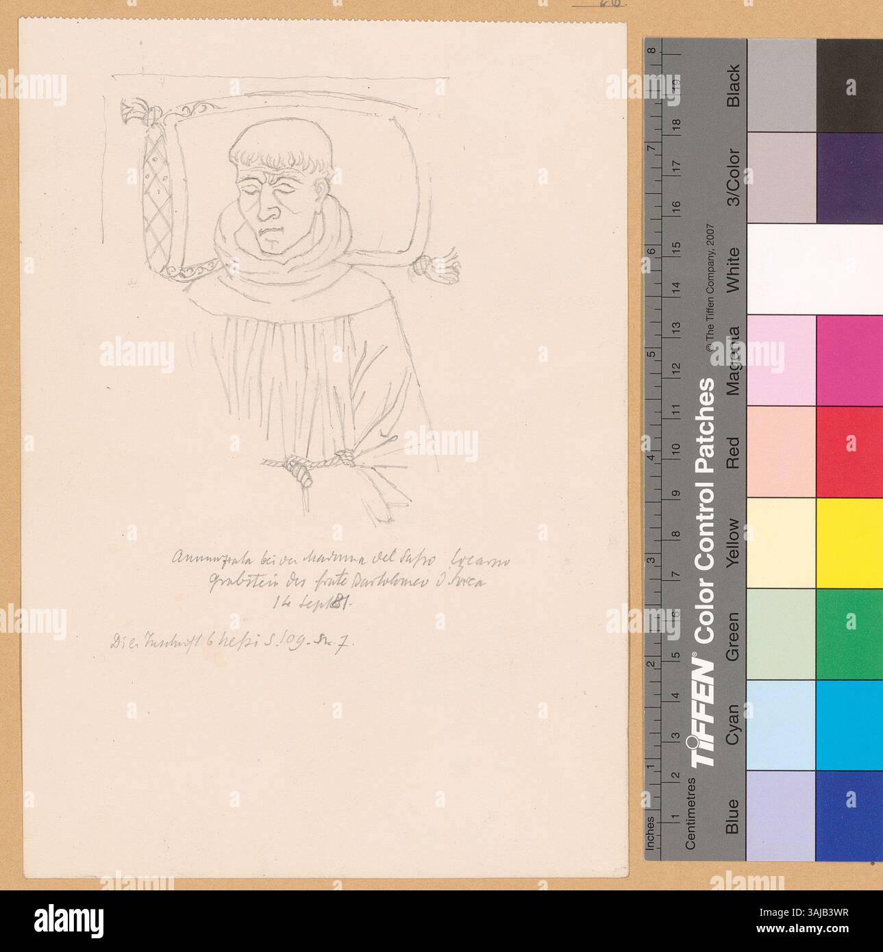 Questo dipinto del 1881 di Johann Rudolf Rahn mostra la lapide di fra Bartolomeo d'Ivrea, situata nella chiesa di S. Maria Assunta a Orselina, Locarno, che cattura un momento storico nella storia religiosa della regione. Foto Stock