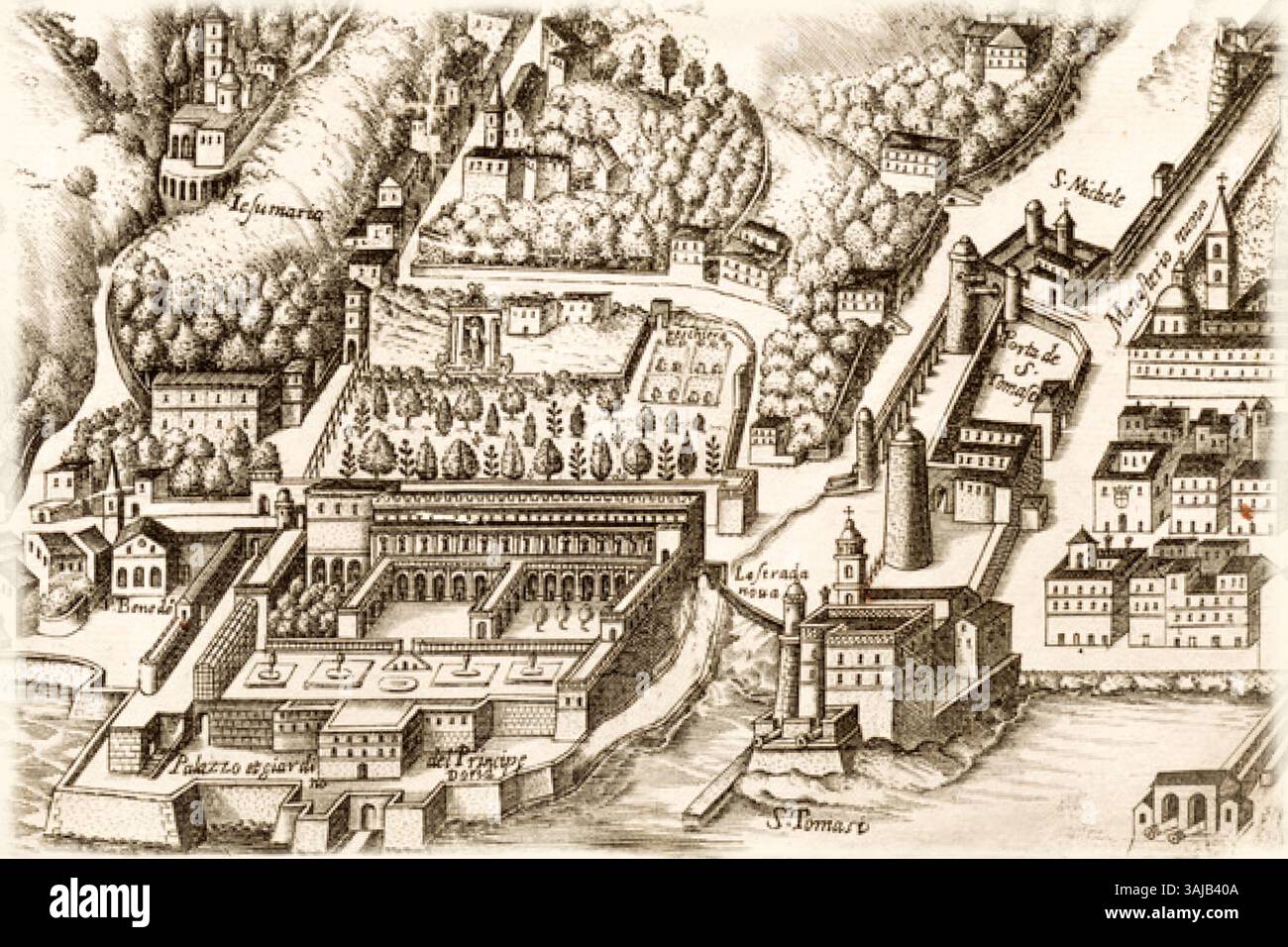 Un dettaglio tratto dalla mappa del 1637 di Alessandro Baratta "la Famosissima e Nobilissima Città di Genova", questa incisione presenta la Villa del Principe, una notevole struttura a Genova. L'incisione, stampata nel 1937, evidenzia il significato architettonico della villa nel contesto delle fortificazioni della città e del design generale. Foto Stock