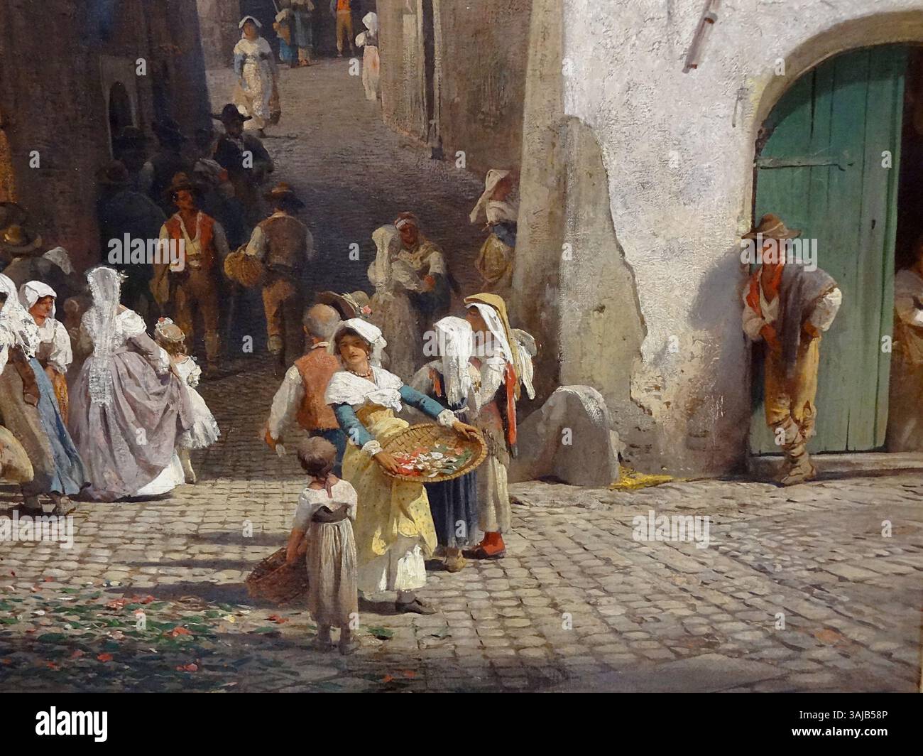 Dettaglio del dipinto "Une fête à Genazzano" di Oswald Achenbach del 1860, esposto al Musée d'Orsay. Le opere d'arte di genere catturano una scena festosa in un vivace e romanticizzato villaggio italiano. Foto Stock