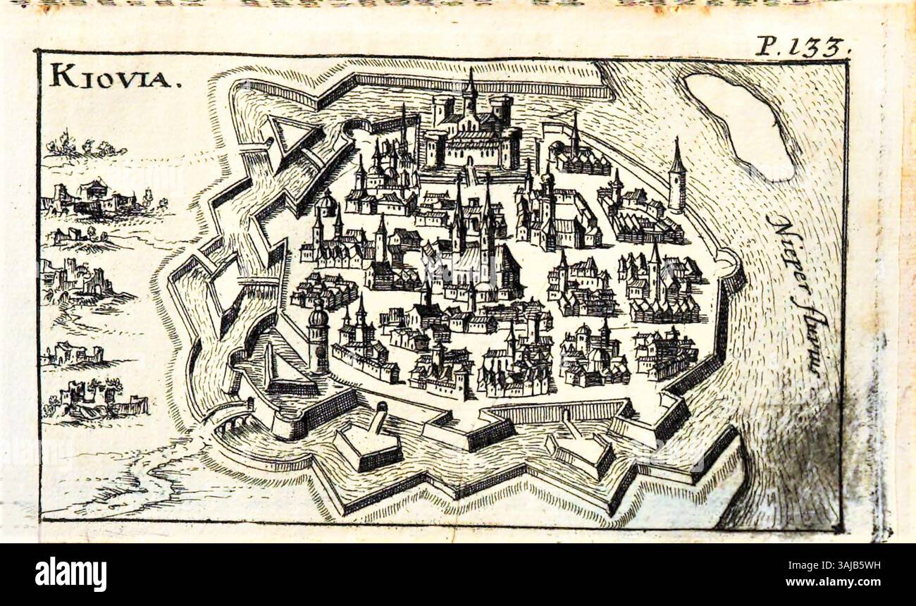 Una mappa di Kiev dalla pubblicazione del 1687 di Jakob von Sandrart "Des Königreichs Pohlen Lands- Staats- und Zeit-Beschreibung". La mappa presenta dettagliate rappresentazioni cartografiche della città durante il XVII secolo, mostrando il paesaggio storico di Kiev e la sua disposizione nel contesto del regno polacco. Foto Stock
