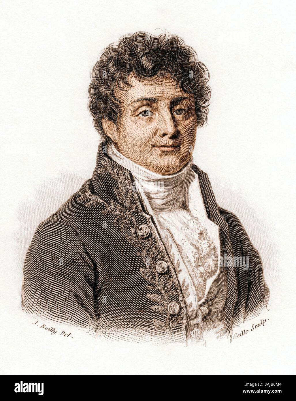Questo ritratto inciso all'inizio del XIX secolo di Jean Baptiste Joseph Fourier (1768-1830), il matematico francese noto per il suo lavoro nell'analisi di Fourier, cattura la sua somiglianza in un'incisione dettagliata e storica. Foto Stock