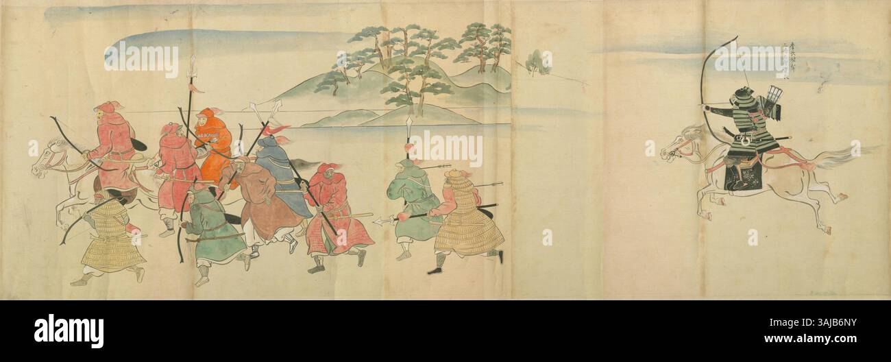 Il dipinto "MKO Shrai Ekotoba Mongol Invasion", creato da Tosa Nagataka intorno al 1293, raffigura Mitsui Sukenaga del clan Takezaki durante la battaglia di Bun'ei (1274), sparando frecce ai soldati mongoli in ritirata. Una riproduzione dell'originale, commissionata da Takezaki Suenaga. Foto Stock