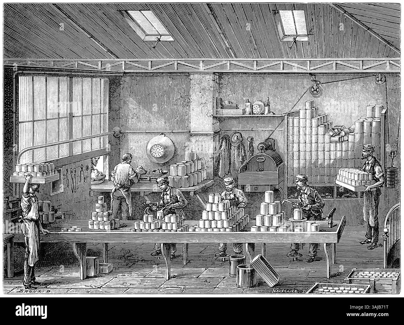 Questa illustrazione del 1877 di Louis Figuier raffigura un laboratorio progettato per riempire e saldare lattine alimentari, che riflette i progressi tecnologici nella conservazione del cibo durante il XIX secolo. Il processo rappresenta un importante cambiamento nel settore degli imballaggi industriali per alimenti. Foto Stock