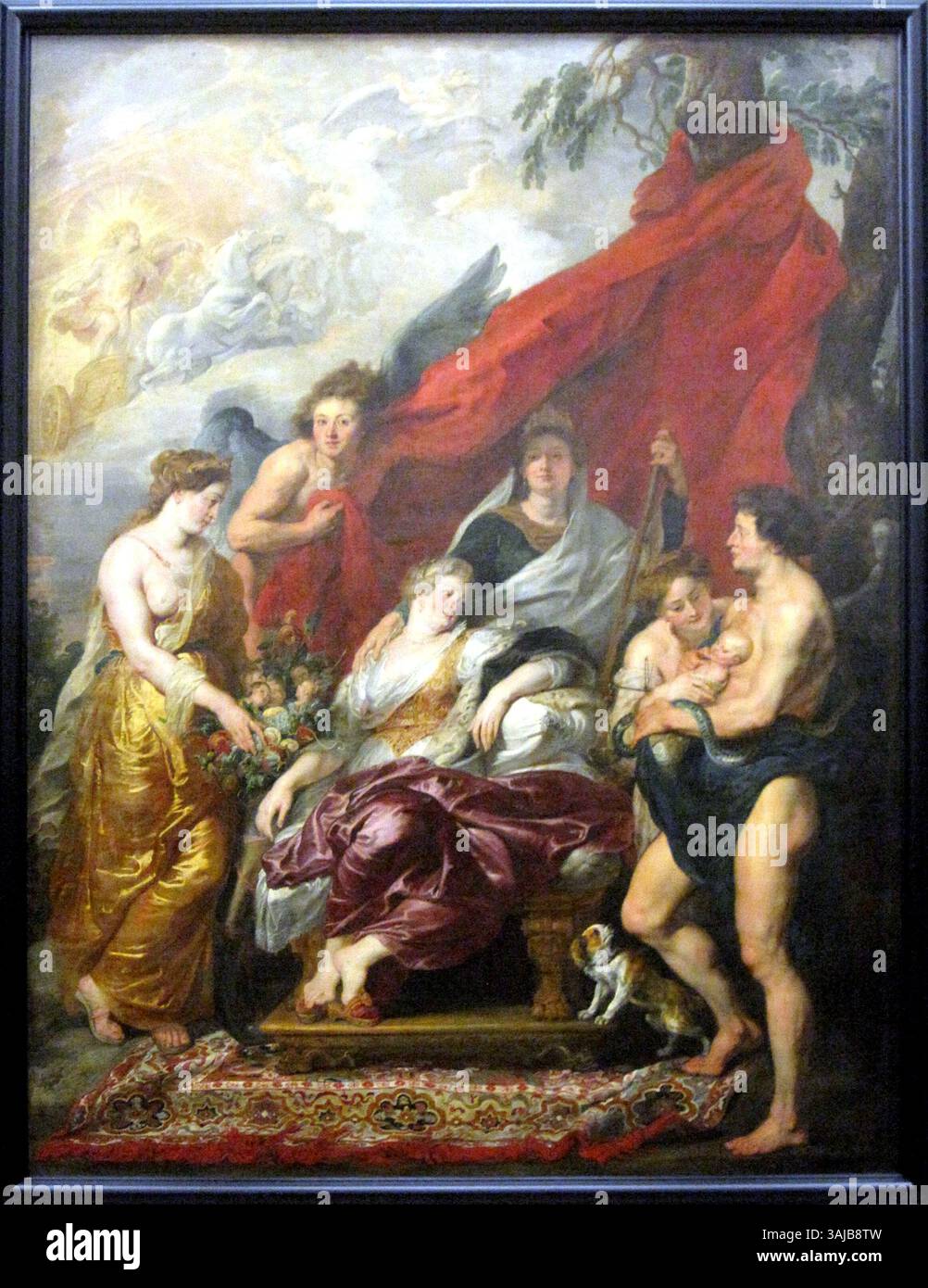 "La nascita di Luigi XIII a Fontainebleau" di Peter Paul Rubens, dipinto tra il 1622 e il 1625, dal ciclo di Maria de' Medici. Presenta figure allegoriche come Apollo e Cibele, che celebrano la nascita del Delfino francese. Foto Stock