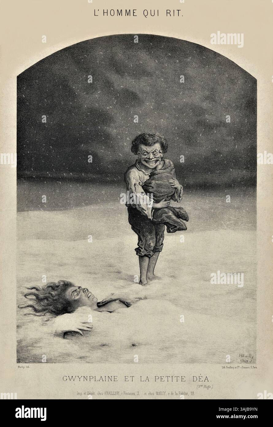Una litografia del 1869 di Hippolyte Mailly, intitolata "Gwynplaine et la petite Dea", che illustra una scena di *l'Homme qui rit* di Victor Hugo. La litografia è stata creata da Fraillery et Cie Foto Stock