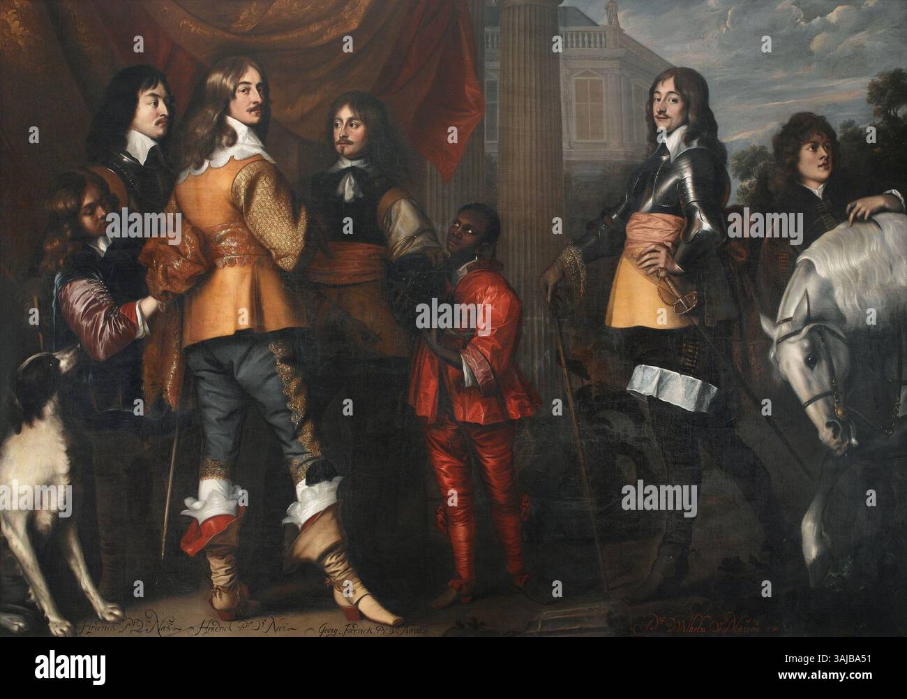 Questo ritratto di gruppo, dipinto da Adriaen Hanneman, raffigura quattro conti di Nassau con i loro servi, dal 1662 al 1670. Il dipinto mostra Willem Frederik van Nassau-Dietz, Hendrik Casimir i van Nassau-Dietz, Hendrik van Nassau-Siegen e George Frederik van Nassau-Siegen. Foto Stock