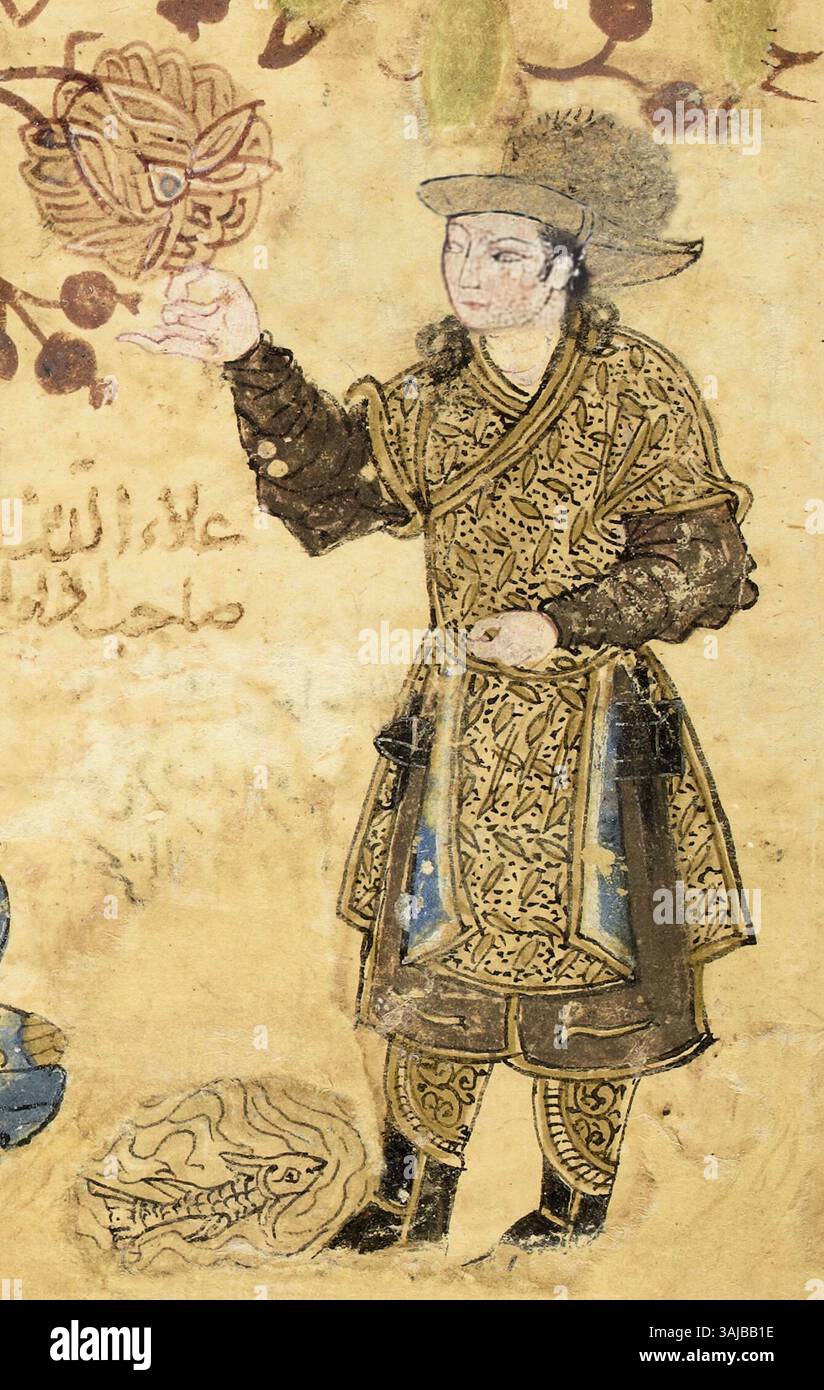 Il dipinto «Arghun in Trkh-i Jahn-Gush» del XIII secolo raffigura figure mongole che indossano elaborati cappelli con i bordi, come mostrato nell'arte dell'Asia occidentale all'inizio del XIV secolo. Questi copricapo mongoli erano simboli di alto status e identità etnica. Foto Stock