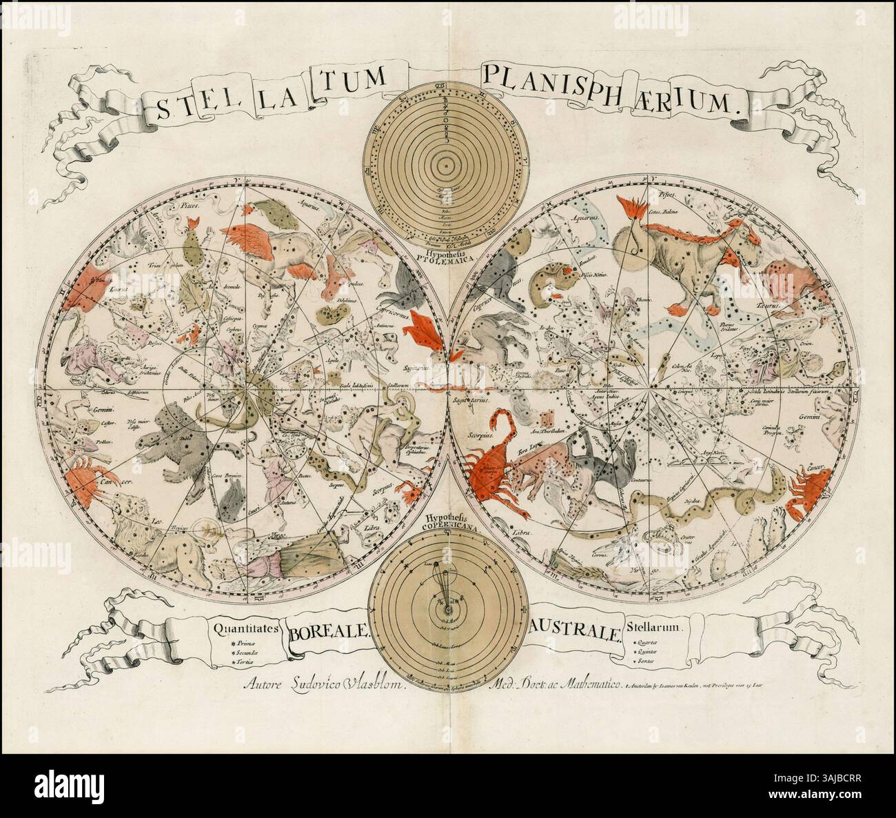 Questa carta celeste del 1675 di Louis Vlasbloem presenta una proiezione a doppio emisfero, mappando le stelle e i corpi celesti visibili sia nell'emisfero settentrionale che meridionale, catturando la conoscenza astronomica del tempo. Foto Stock