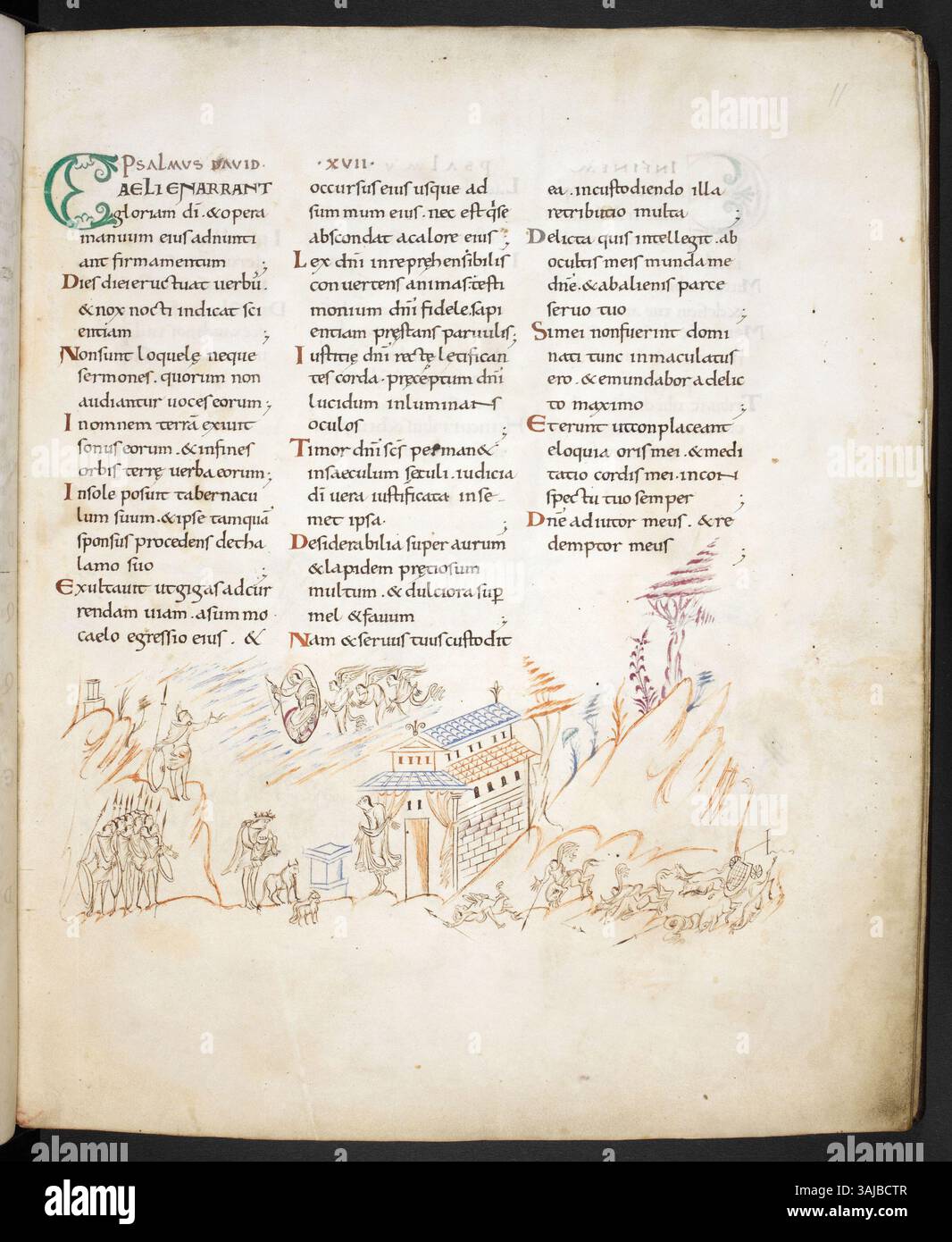 Questo folio dell'Harley MS 603, datato intorno al 1000-1050, è un esempio di salterio medievale illuminato. Ospitato nella British Library, presenta una raffinata pergamena e intricate illustrazioni religiose tipiche del periodo. Foto Stock