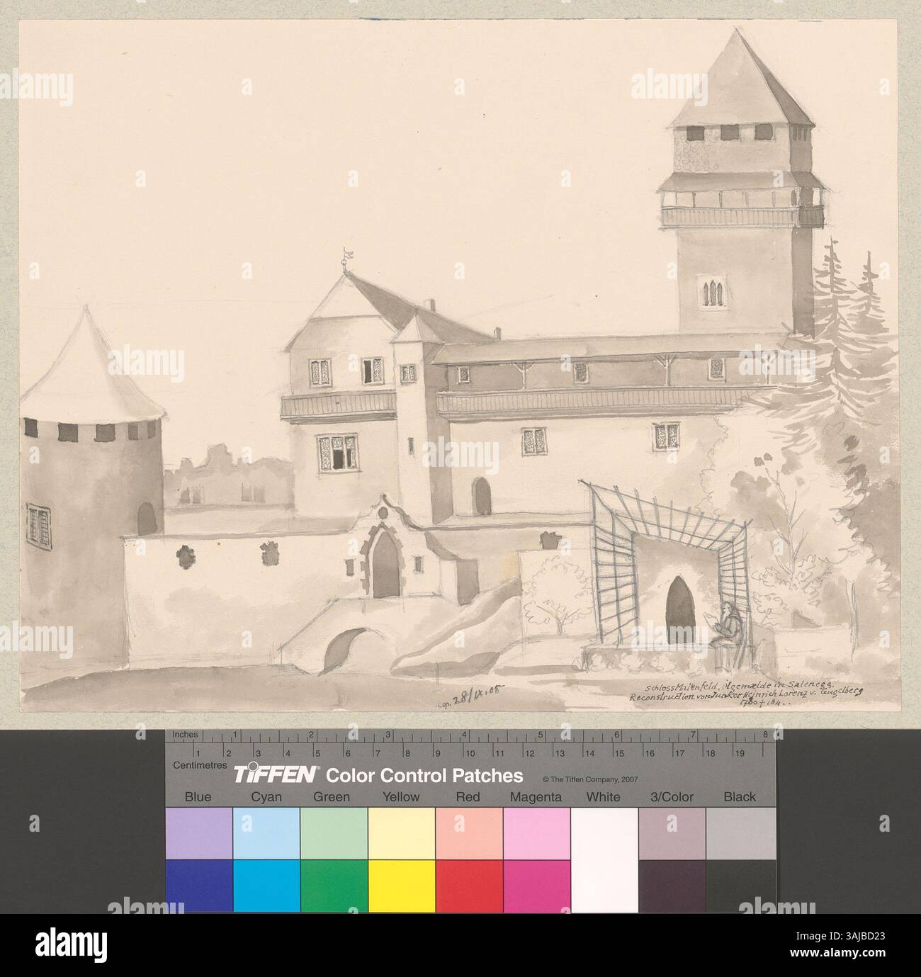 L'immagine raffigura probabilmente una vista esterna ricostruita del castello di Salenegg a Maienfeld, in Svizzera. La raffigurazione mostra l'architettura storica del castello, offrendo uno sguardo al passato con caratteristiche dettagliate. Foto Stock