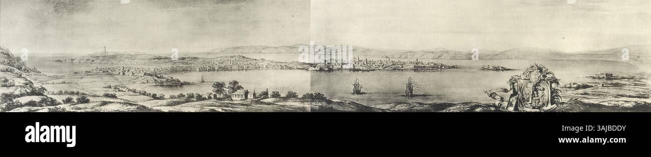 Questo disegno del 1669 di Pier Maria Baldi raffigura la città di Un Coruña, mostrando le sue caratteristiche geografiche e la sua disposizione nel XVII secolo. L'opera fornisce preziose informazioni sul design urbano storico della città. Foto Stock