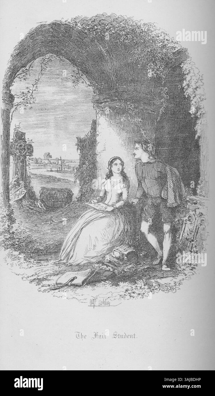 Un'illustrazione intitolata "The Fair Student" dall'opera di G. Herbert Rodwell del 1860 "Old London Bridge, a Romance of the Sixteenth Century", che rappresenta un giovane studente della Londra storica. Foto Stock