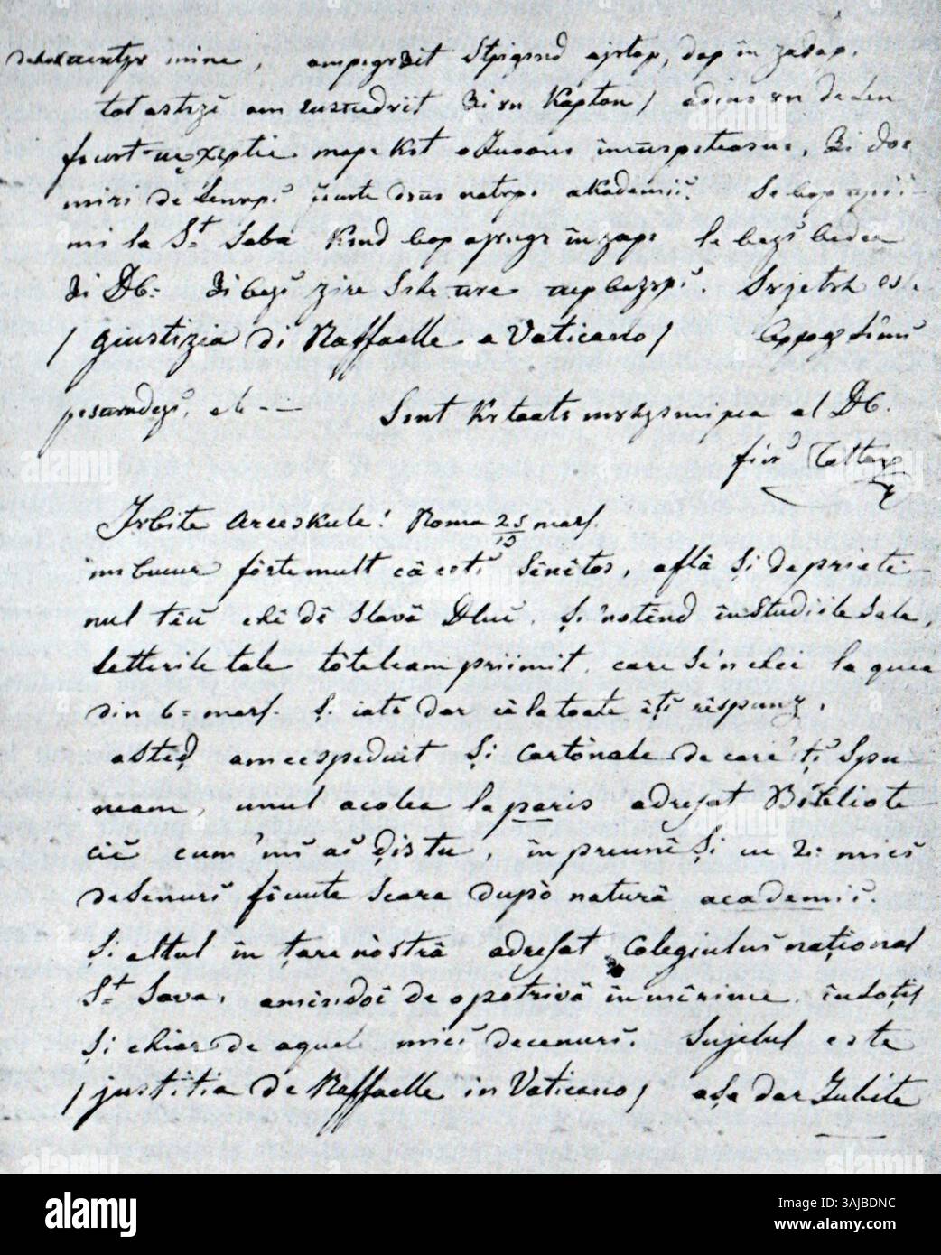 Questa bozza del manoscritto del 1848, 'Ciorna scrisorii catre Ion Arcescu', di Gheorghe Tattarescu, riflette l'arte e la storia letteraria rumena, con il contributo personale di Tattarescu alla corrispondenza. Foto Stock