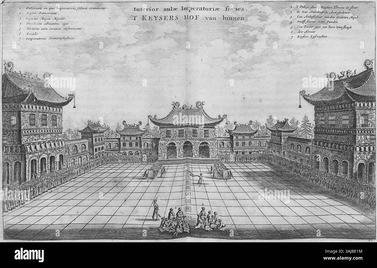 Questa opera d'arte storica raffigura le ambasciate olandesi e Moghol alla corte cinese nel 1656. Cattura i significativi scambi diplomatici tra queste regioni, evidenziando le interazioni culturali e politiche durante il XVII secolo. Foto Stock