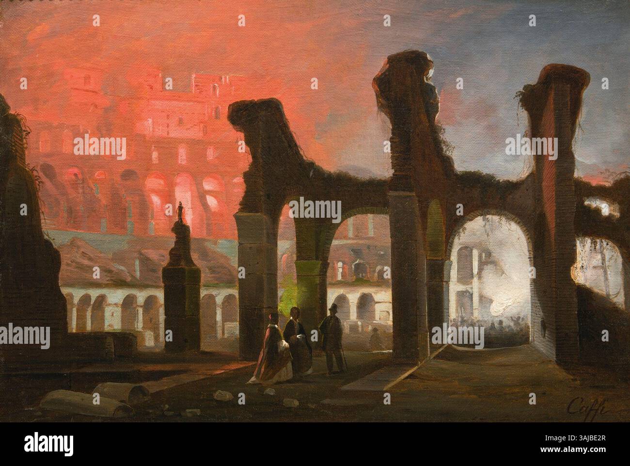 Questo dipinto di Ippolito Caffi raffigura l'interno del Colosseo di Roma illuminato da fuochi d'artificio. L'opera a olio su tela del XIX secolo riflette elementi storici e drammatici degli spettacoli pubblici romani. Foto Stock