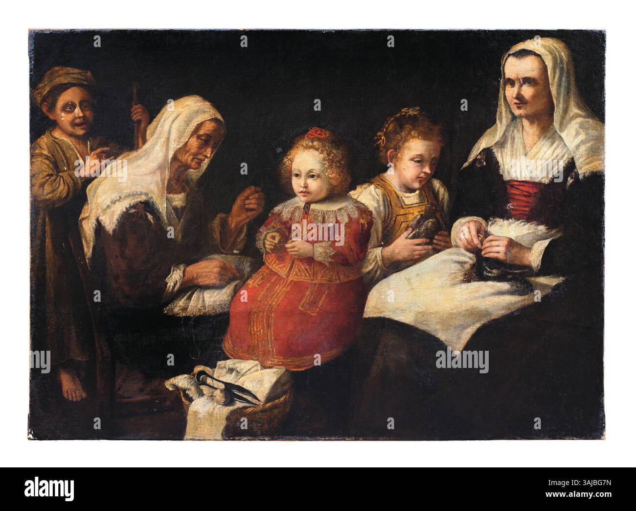 Il dipinto della scuola lombarda del XVII secolo, intitolato "Die Nähstunde" (l'ora del cucito), cattura una scena domestica con dettagli intricati in olio su tela. Foto Stock