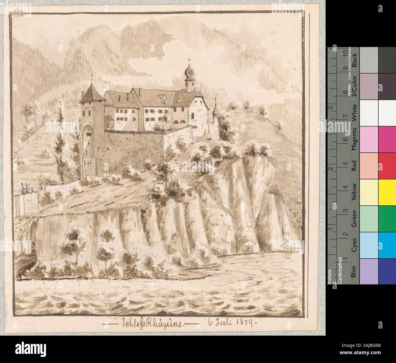Questa raffigurazione mostra una vista esterna del castello di Rhäzüns, un castello di Rhäzüns, in Svizzera, che riflette il suo significato storico e l'architettura. Foto Stock