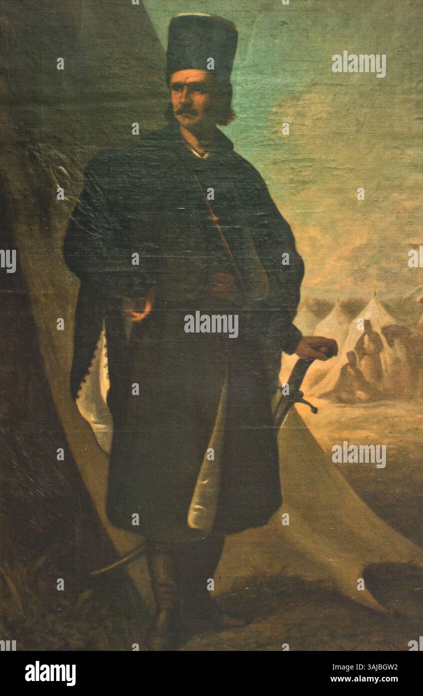 Il dipinto di Theodor Aman, creato tra il 1874 e il 1876, ritrae Tudor Vladimirescu, un eroe nazionale rumeno. Il lavoro cattura il suo significato storico e la sua leadership durante la rivoluzione del 1821 in Valacchia, riflettendo la storia e la cultura rumene. Foto Stock