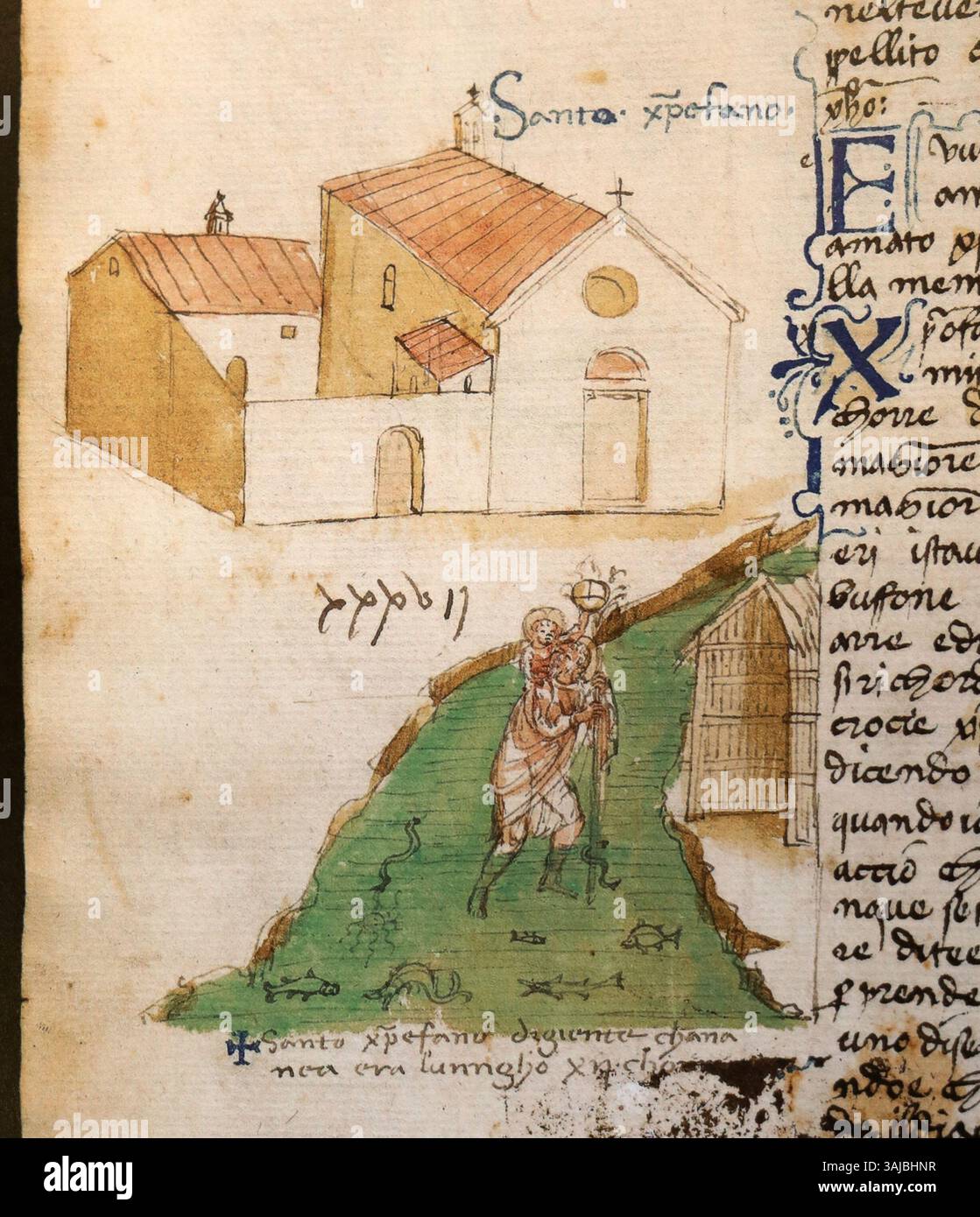 Il codice Rustici, risalente al 1450 circa, illustra scene di San Cristoforo degli Adimari nell'arte medievale italiana. Il manoscritto miniato fornisce immagini religiose dettagliate, che mostrano l'arte rinascimentale del XV secolo con le sue vibranti raffigurazioni di narrazioni sacre. Foto Stock