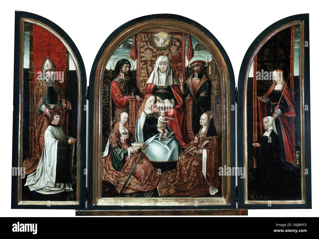 Questo trittico, dipinto intorno al 1500-1510 dal Maestro della famiglia di Sant'Anna, comprende pannelli di San Livino, la famiglia di Sant'Anna e un donatore. L'opera mostra la devozione religiosa del periodo. Foto Stock