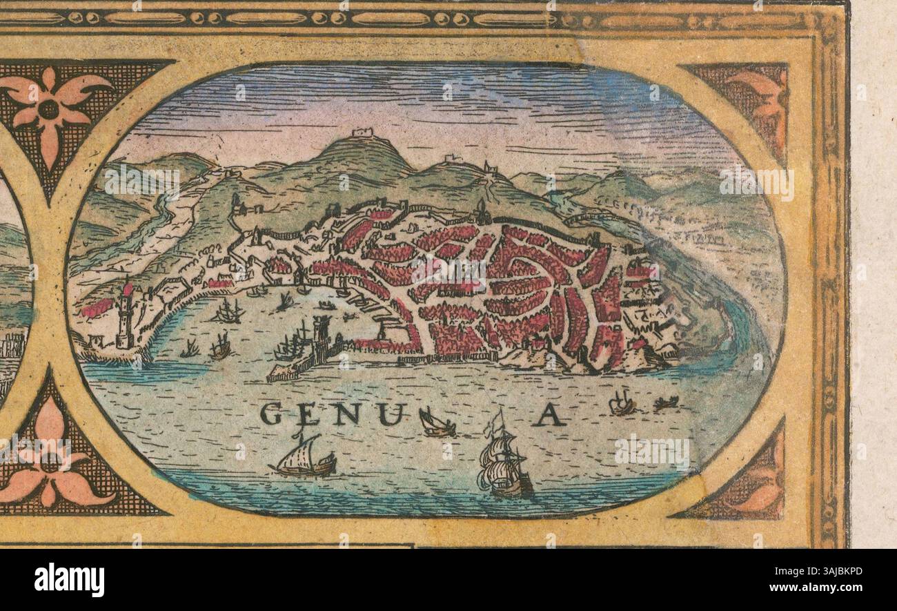 Questa mappa del 1640 di Cornelis II Danckerts fornisce una visione dettagliata dell'Italia, in particolare della regione che circonda Genova, con particolare attenzione alle caratteristiche geografiche e alle divisioni politiche dell'epoca. Foto Stock