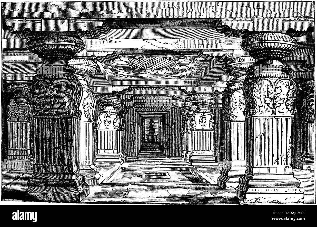Questa illustrazione del 1895 mostra l'interno dell'Indra Sabha a Ellora, un tempio nella grotta indù nel Maharashtra. Faceva parte di uno studio completo sugli stili architettonici pubblicato da Albrecht Rosengarten. Foto Stock