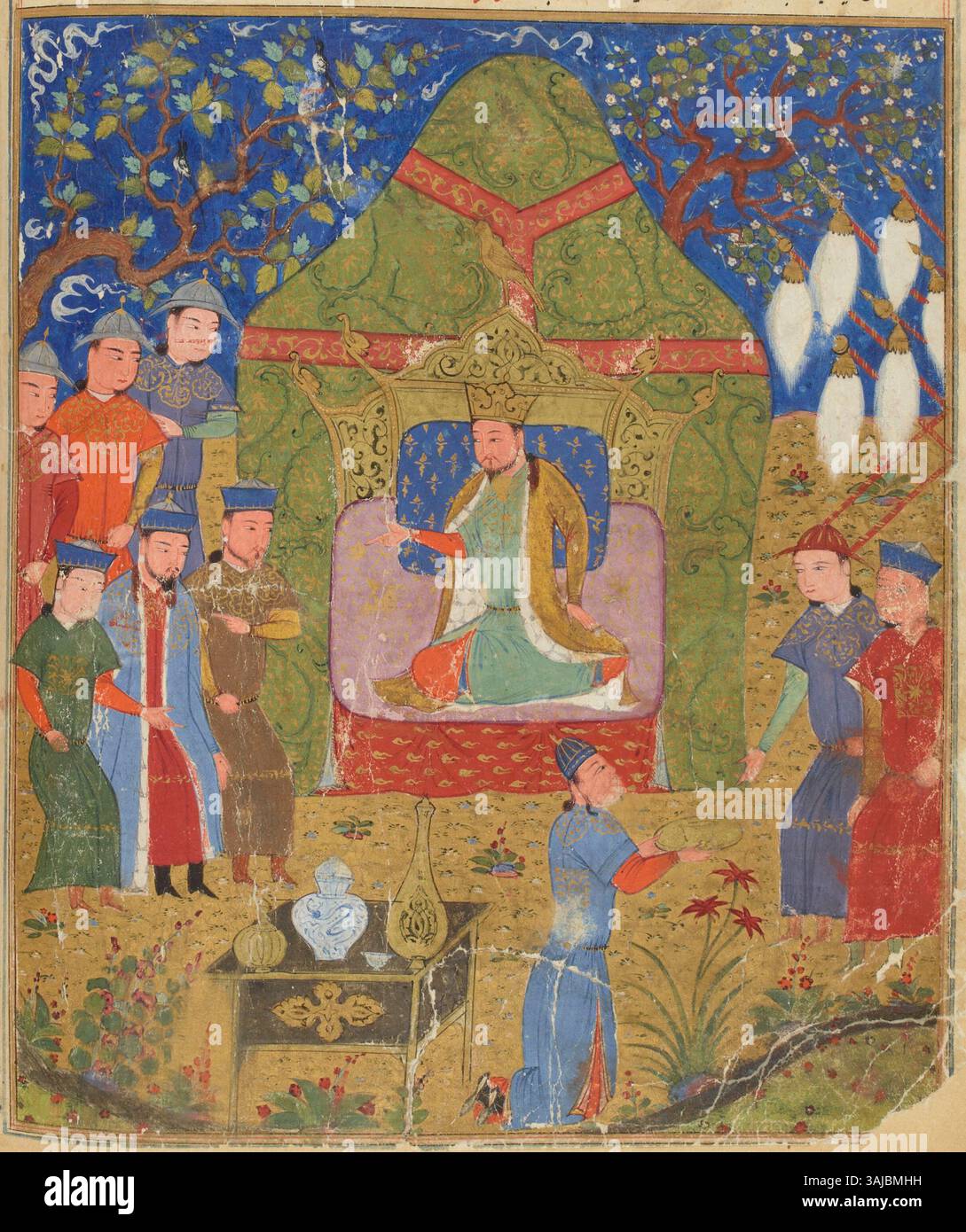 Questa illustrazione del XV secolo tratta dal manoscritto Jami al-tawarikh raffigura il momento in cui Temüjin fu proclamato Gengis Khan nel 1206. Si tratta di un importante evento storico nella formazione dell'Impero mongolo e l'ascesa di uno dei leader più significativi della storia. Foto Stock