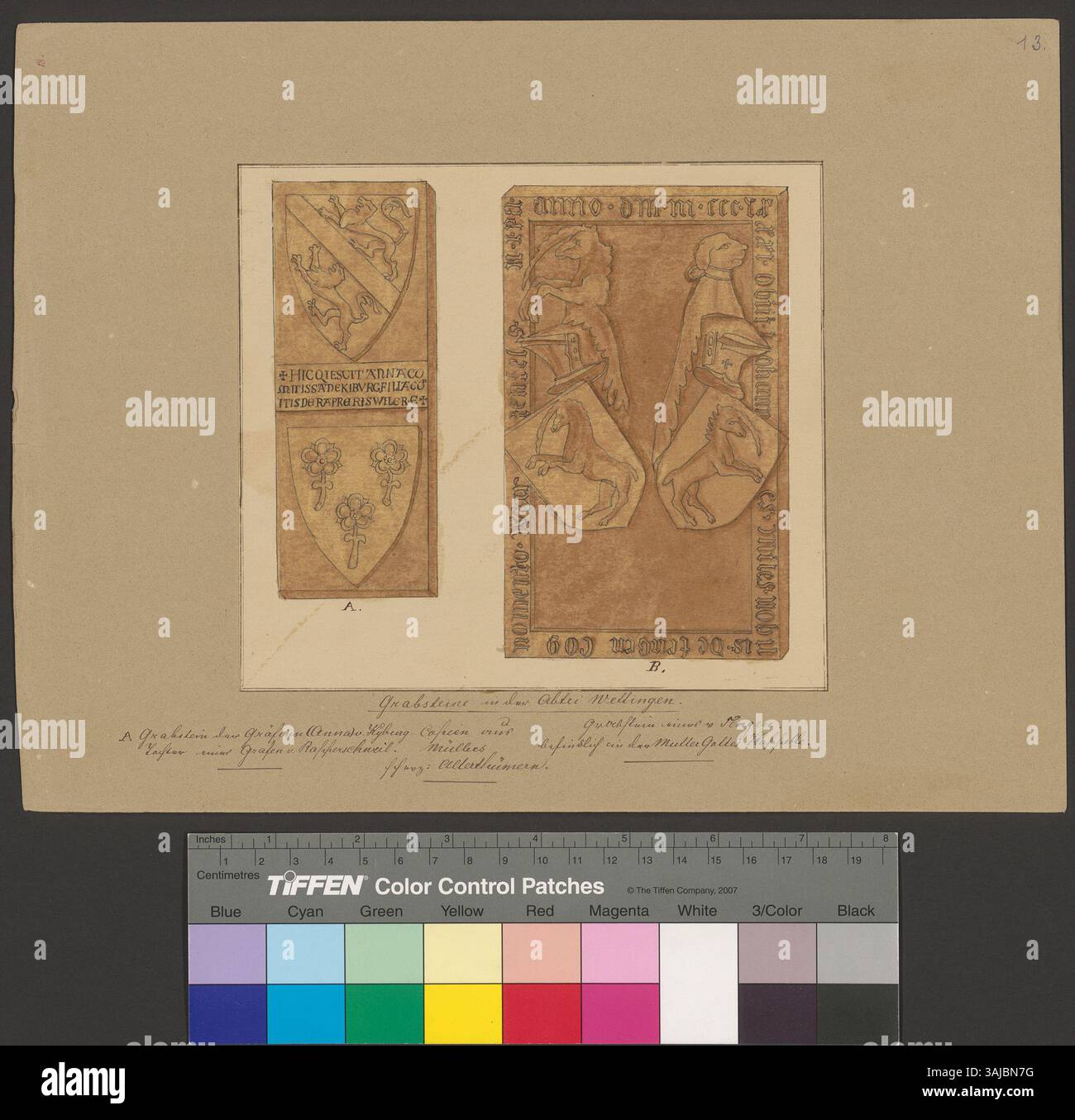 Questo disegno di Johann Rudolf Rahn del 1860 raffigura lapidi nell'abbazia di Wettingen, fornendo una vista dettagliata dei segni di sepoltura in questo sito religioso storico in Svizzera. Foto Stock