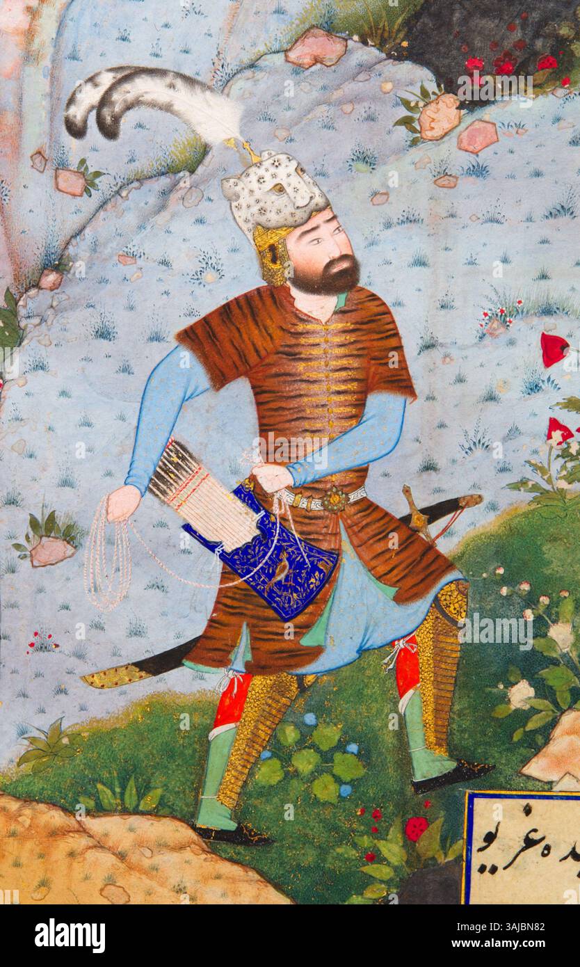 Questa illustrazione dettagliata dello Shahnameh di Shah Tahmasp mostra Rustam che recupera Rakhsh, un momento centrale della mitologia persiana, catturato in vibranti tonalità d'oro e d'inchiostro. Foto Stock