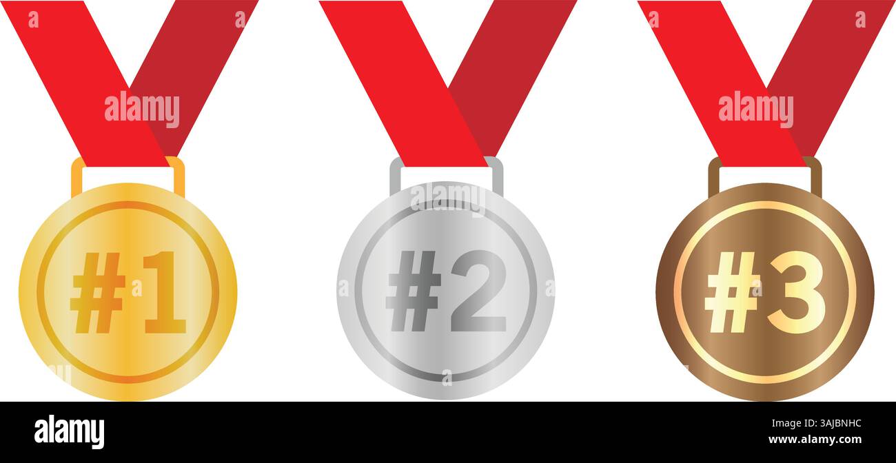 Medaglie d'oro, d'argento e di bronzo: Icone del 1°, 2°, 3° posto con nastri blu per applicazioni sportive e siti Web Illustrazione Vettoriale