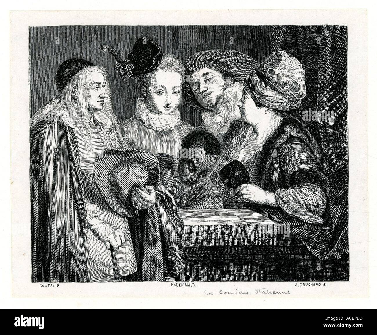 "La Comédie Italienne" di Felix Jean Gauchard (1862 circa) è un'incisione in legno su chine collé, che mostra la scena comica italiana. L'opera d'arte è una stampa su carta, che illustra elementi teatrali, con particolare attenzione alla performance art del XIX secolo e alla cultura visiva. L'opera riflette la maestria di Gauchard nella stampa, catturando l'essenza della performance comica. Foto Stock