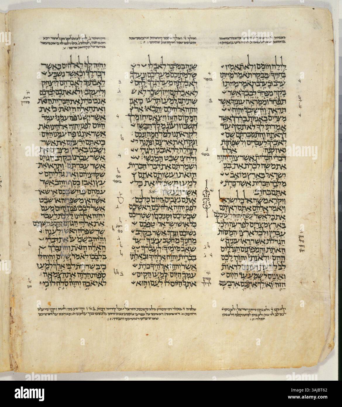 Questa pagina del codice di Leningrado, creato tra il 1008 e il 1011, mostra una sezione del Deuteronomio 28:66-29:19 dalla Bibbia ebraica. Si tratta di un frammento essenziale del testo sacro ebraico, che mostra l'illuminazione dei manoscritti medievali. Foto Stock