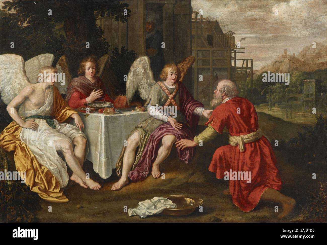 "Abraham und die drei Engel" è un dipinto ad olio del XVII secolo della Scuola di Anversa, che raffigura la scena biblica dell'ospitalità di Abramo verso tre angeli. L'opera presenta dettagli intricati e raffinate pennellate tipiche della pittura barocca fiamminga. Foto Stock