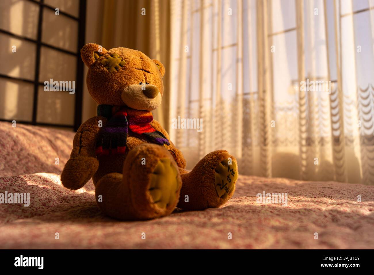 Orsacchiotto nel letto di un bambino che riceve la luce del sole. Foto Stock