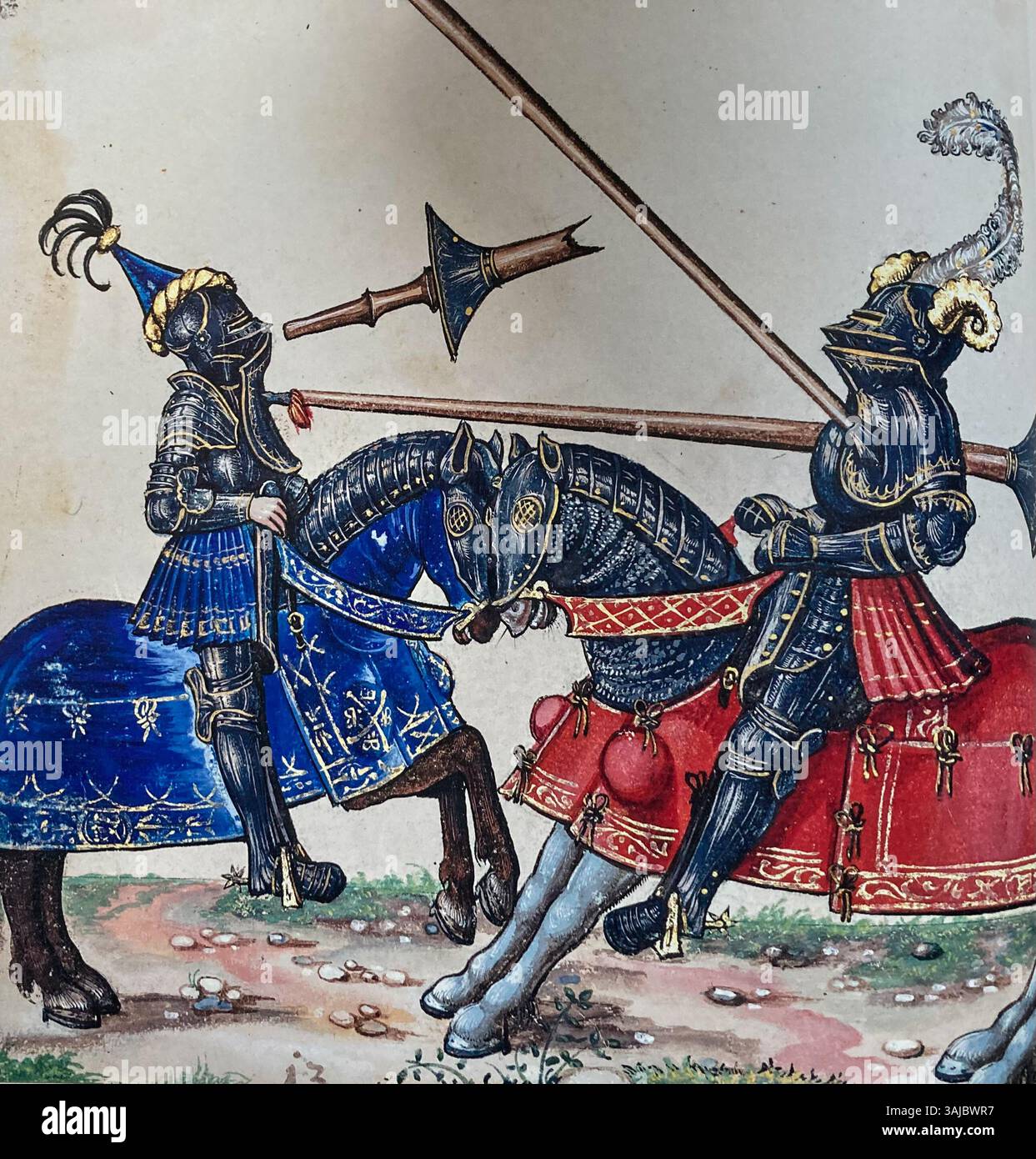 Miniatura (folio 13) dal "Freydal Tournament Book", un manoscritto dei primi anni del XVI secolo che illustra una scena cavalleresca. Creato dai pittori di corte dell'imperatore Massimiliano i, questo foglio evidenzia la grande tradizione dei tornei medievali e del valore cavalleresco. Foto Stock