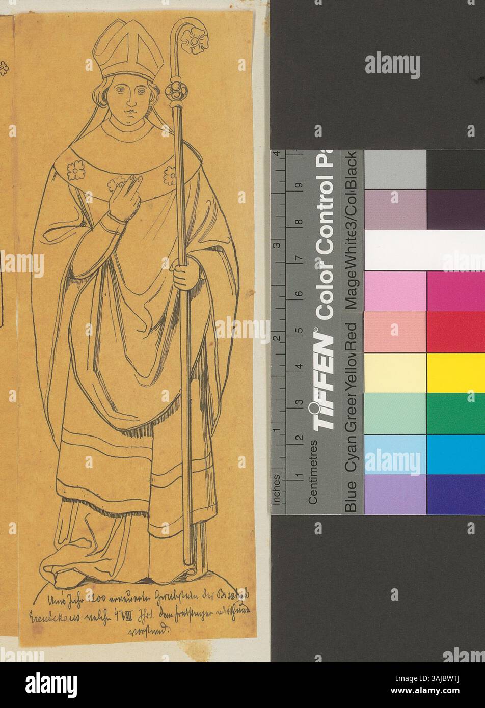 Questa immagine di Johann Rudolf Rahn raffigura la pietra tombale del vescovo Erenbekaus, che guidò la diocesi di Frisinga nell'VIII secolo. La pietra risale al 1200 circa e fa parte della collezione Zentralbibliothek Zürich. Foto Stock