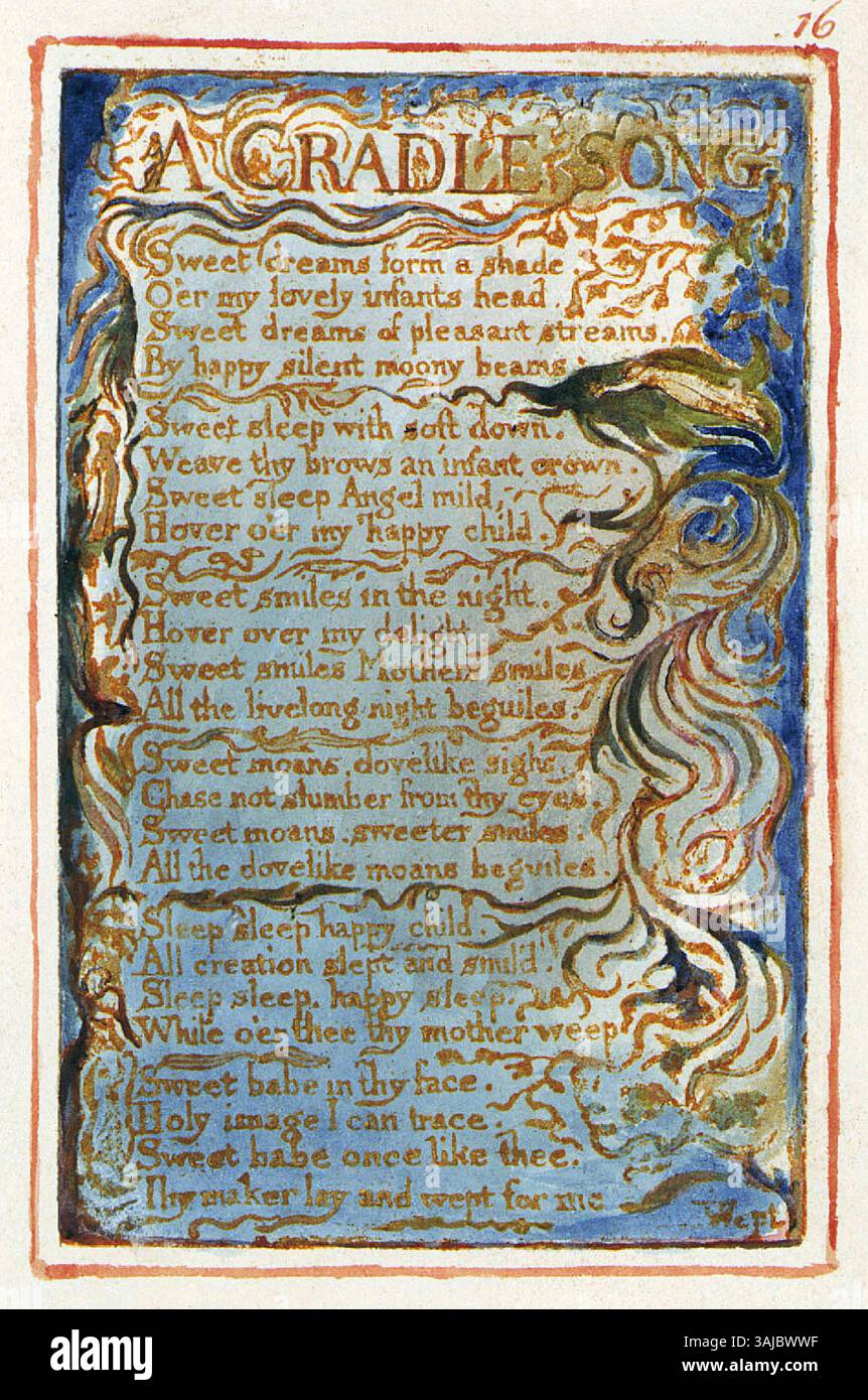 Questa versione di "A Cradle Song" della collezione di Blake del 1826 illustra temi dell'innocenza infantile e dell'affetto materno, rappresentati attraverso la firma dell'arte visionaria di Blake. Foto Stock