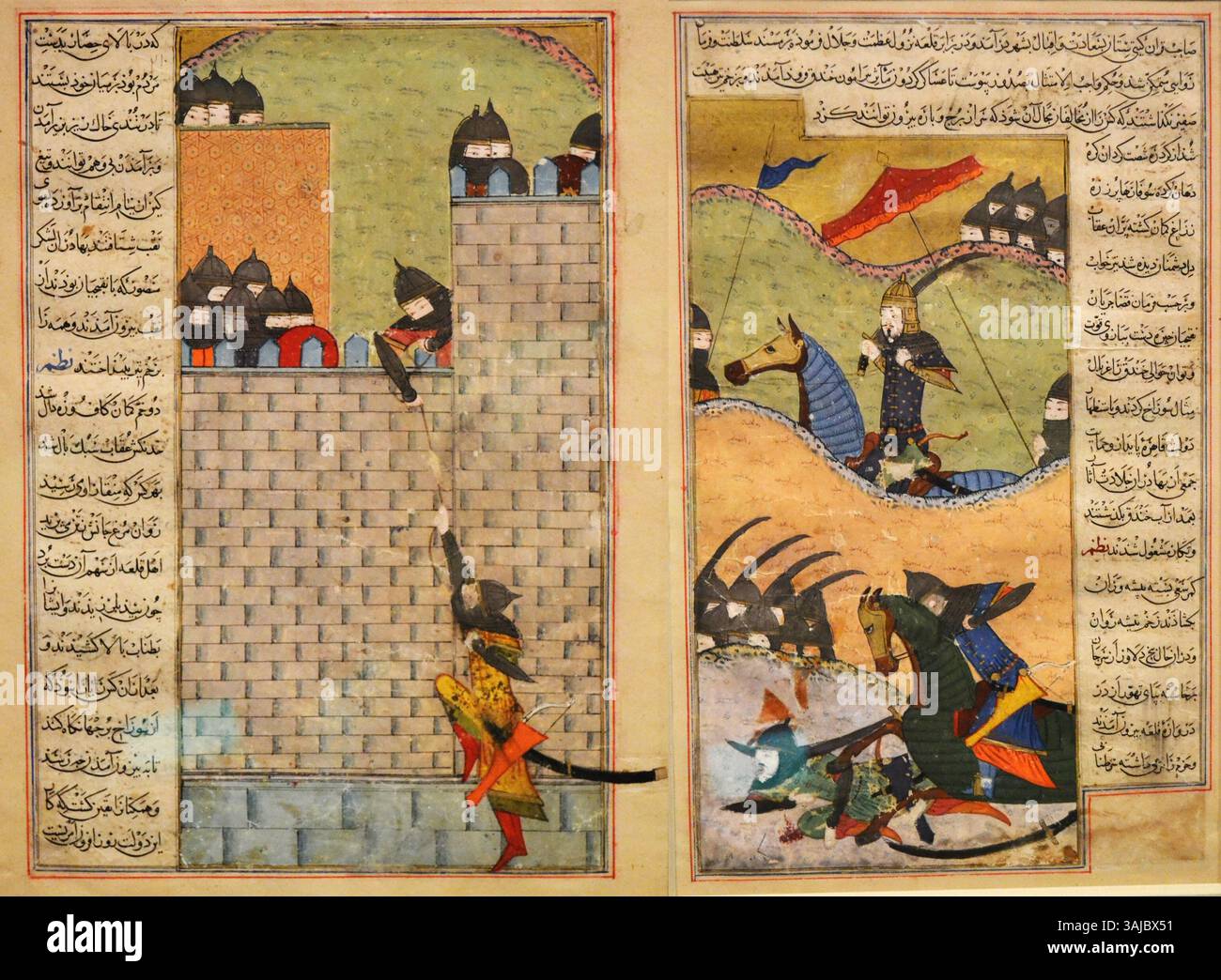 Questa scena dello Zafarnama illustra l'attacco di Timur ad Aleppo nel novembre 1400, mostrato in due foglietti del manoscritto. Foto Stock